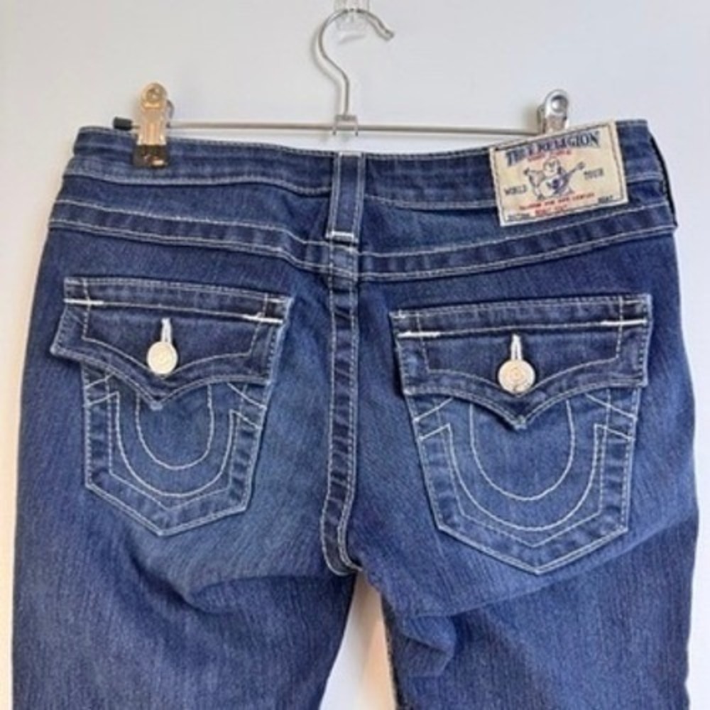 True Religion Joey Flare Y2K Lowrise Jeans Womens 27 Dark Wash Contrast Stitch - Picture 2 of 12